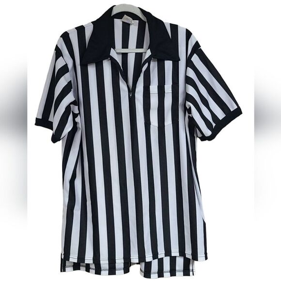 Vintage 80s/90s Majestic Official Referee Uniform Striped Shirt 1/4 Zip Costume - Picture 1 of 5